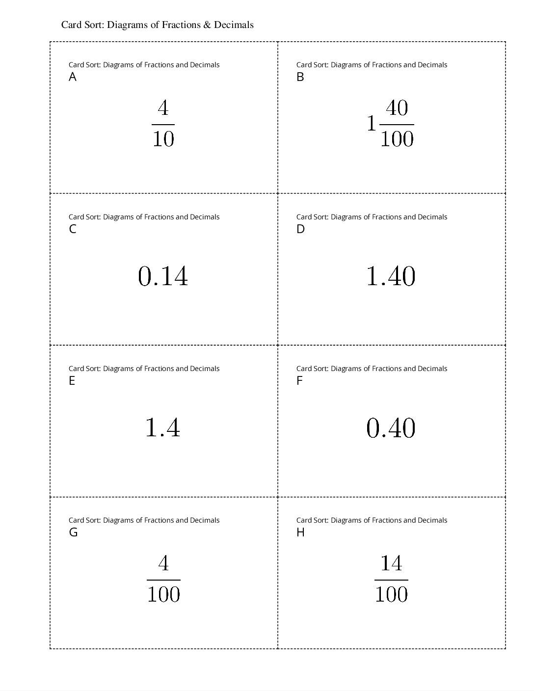 Grade4.4.A2.1 Card Sort Diagrams Of Fractions And Decimals Card Sort Diagrams Of Fractions Decimals