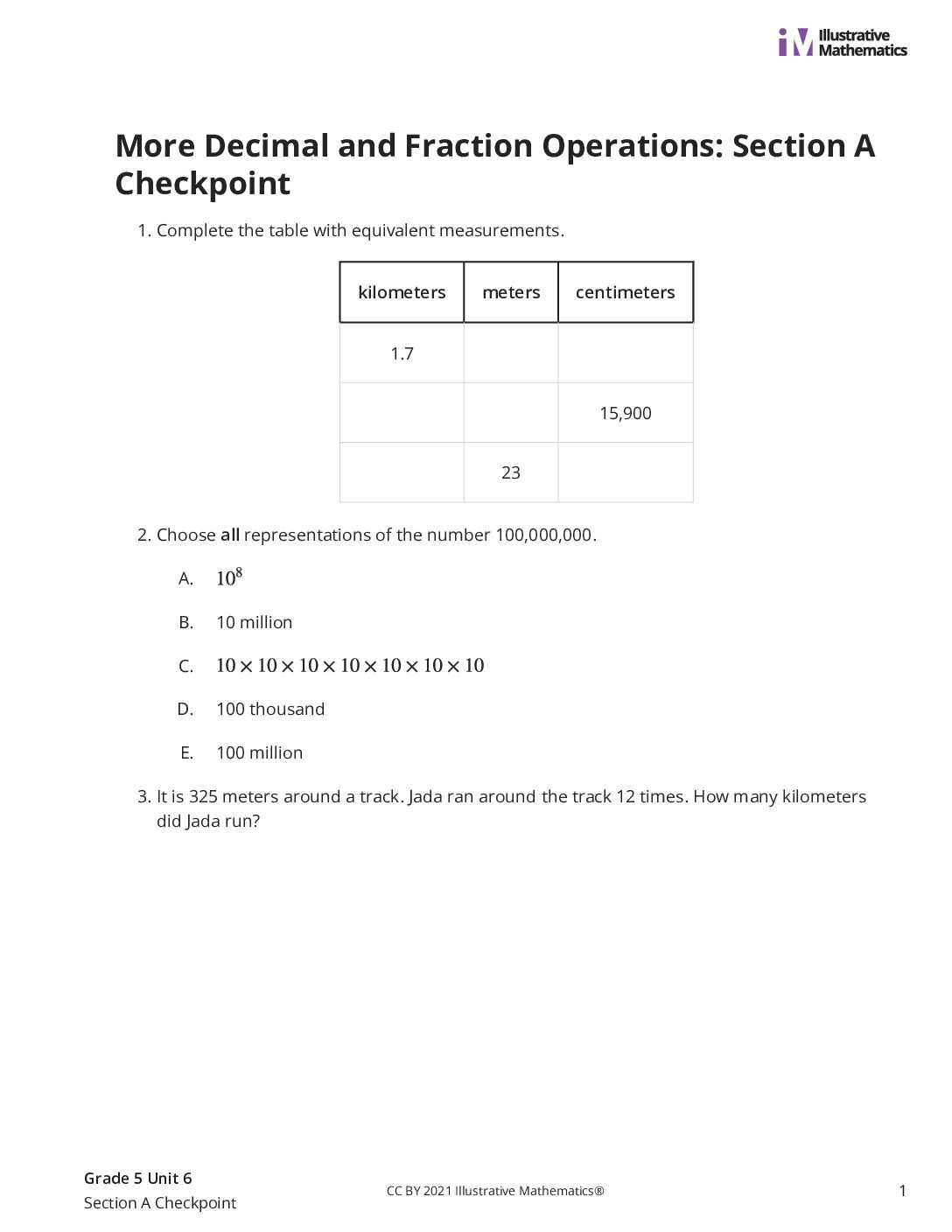 Grade5 6 Section A Checkpoint Assessment