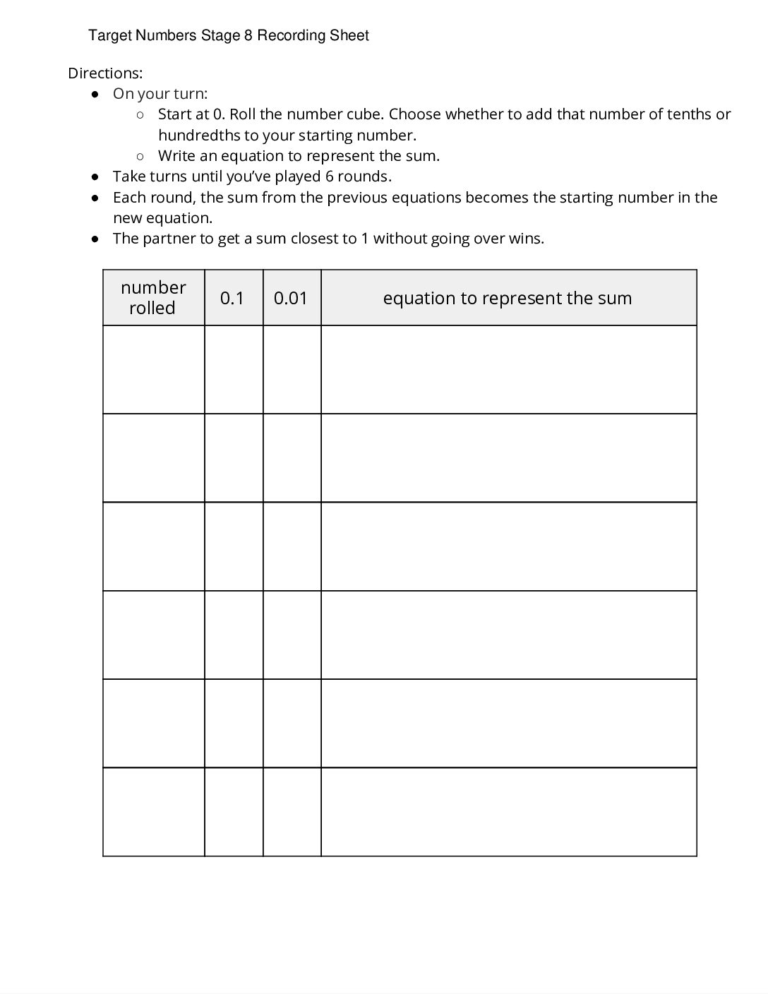 Grade5.5.B11.2 Target Numbers Add Tenths Or Hundredths Target Numbers Stage 8 Recording Sheet