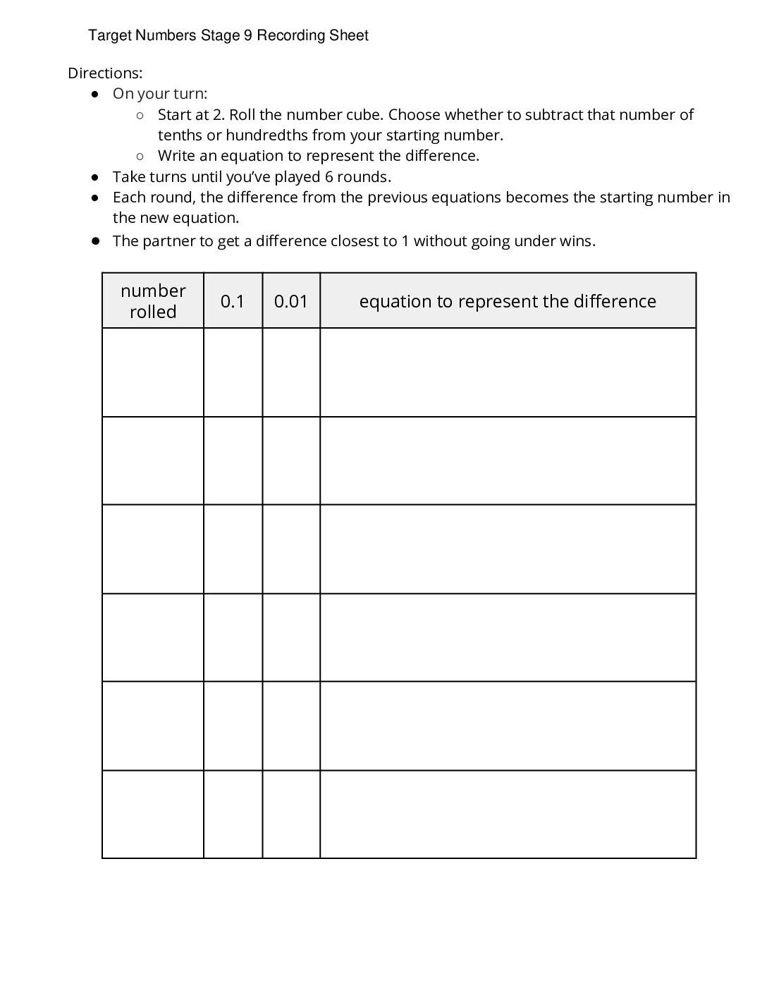 Grade5.5.B14.2 Target Numbers Subtract Tenths Or Hundredths Target Numbers Stage 9 Recording Sheet