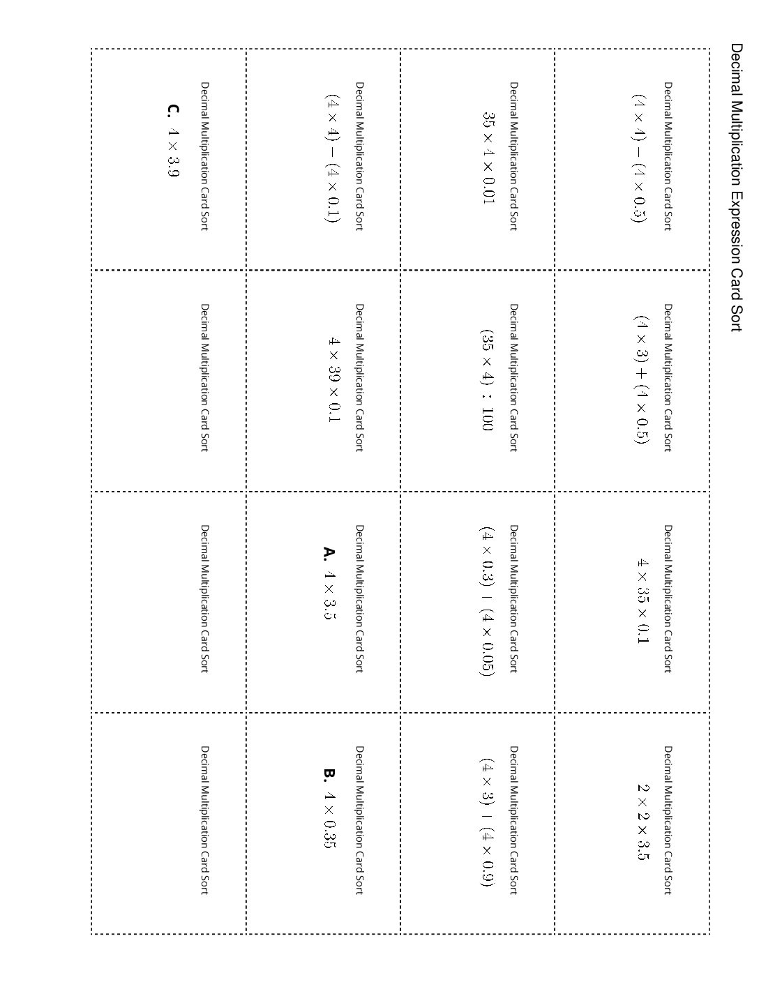 Grade5.5.C19.1 Card Sort Decimal Multiplication Card Sort Decimal Multiplication Expression Card Sort
