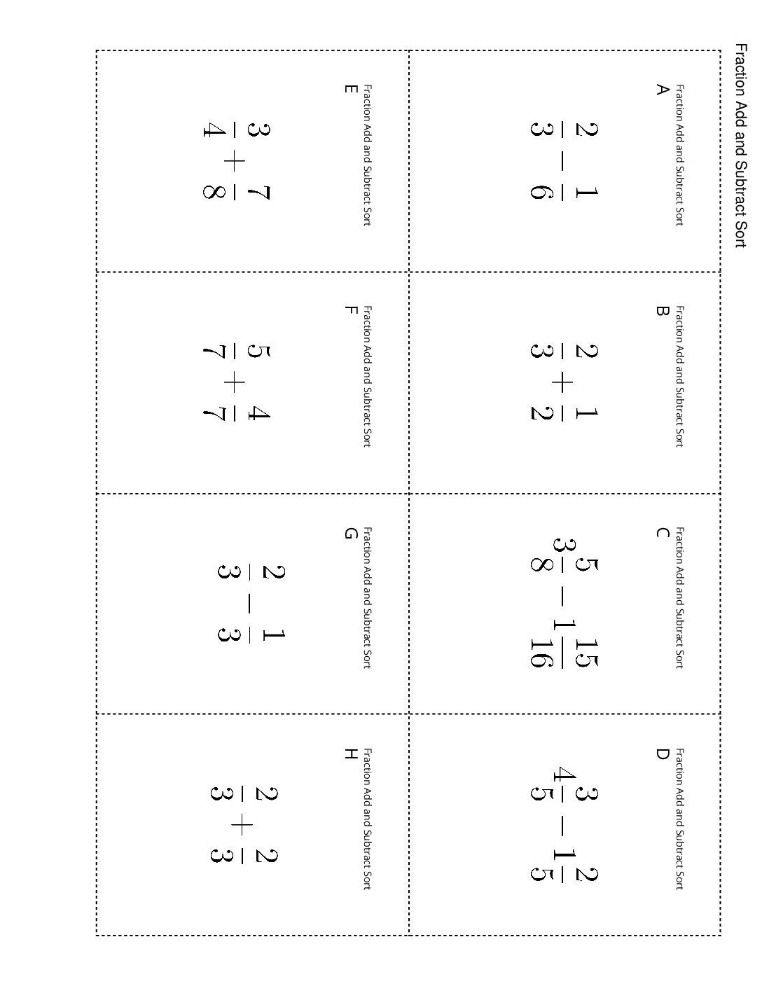Grade5.6.B8.1 Card Sort Fraction Sums And Differences Fraction Add And Subtract Sort