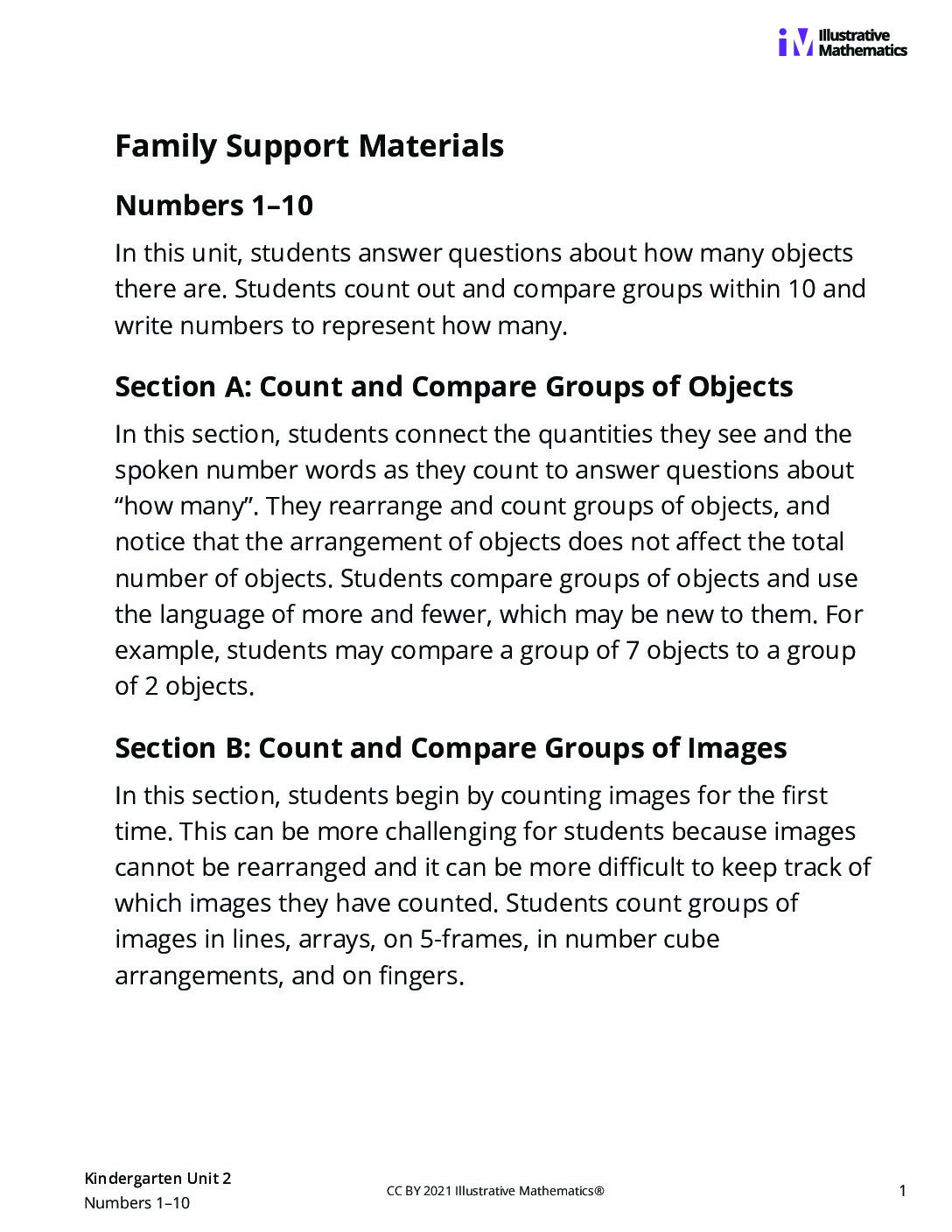 Kindergarten 2 Unit Family Support Materials
