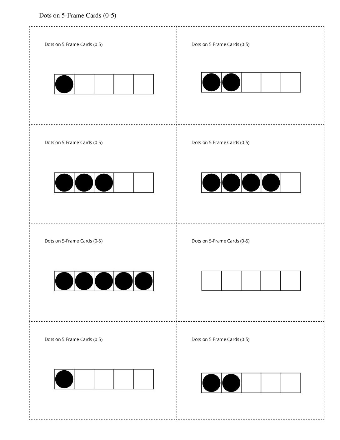 Kindergarten.4.A2.1 Put Together Dots On 5 Frames Dots On 5 Frame Cards 0 5