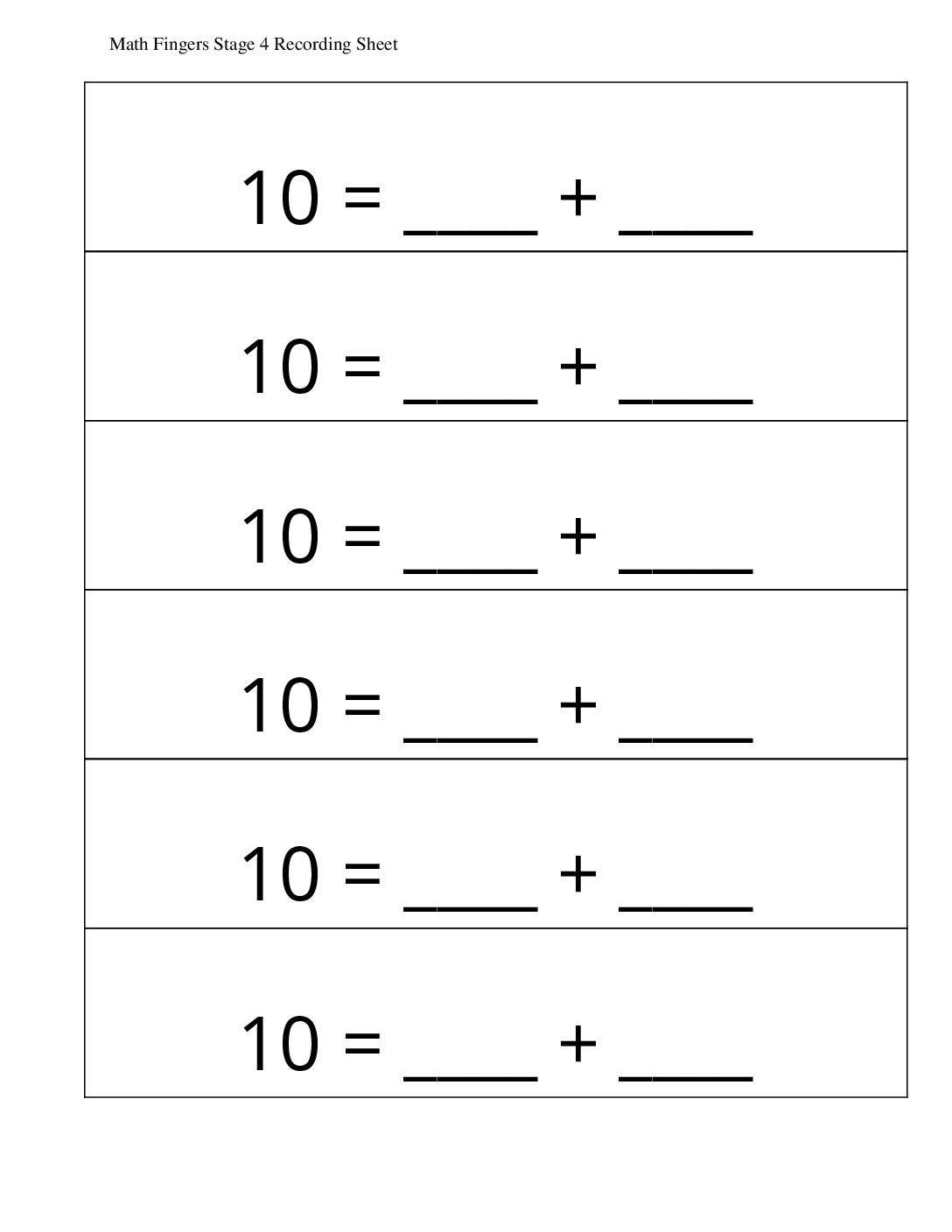 Kindergarten.5.C13.1 İntroduce Math Fingers Make 10 Math Fingers Stage 4 Recording Sheet