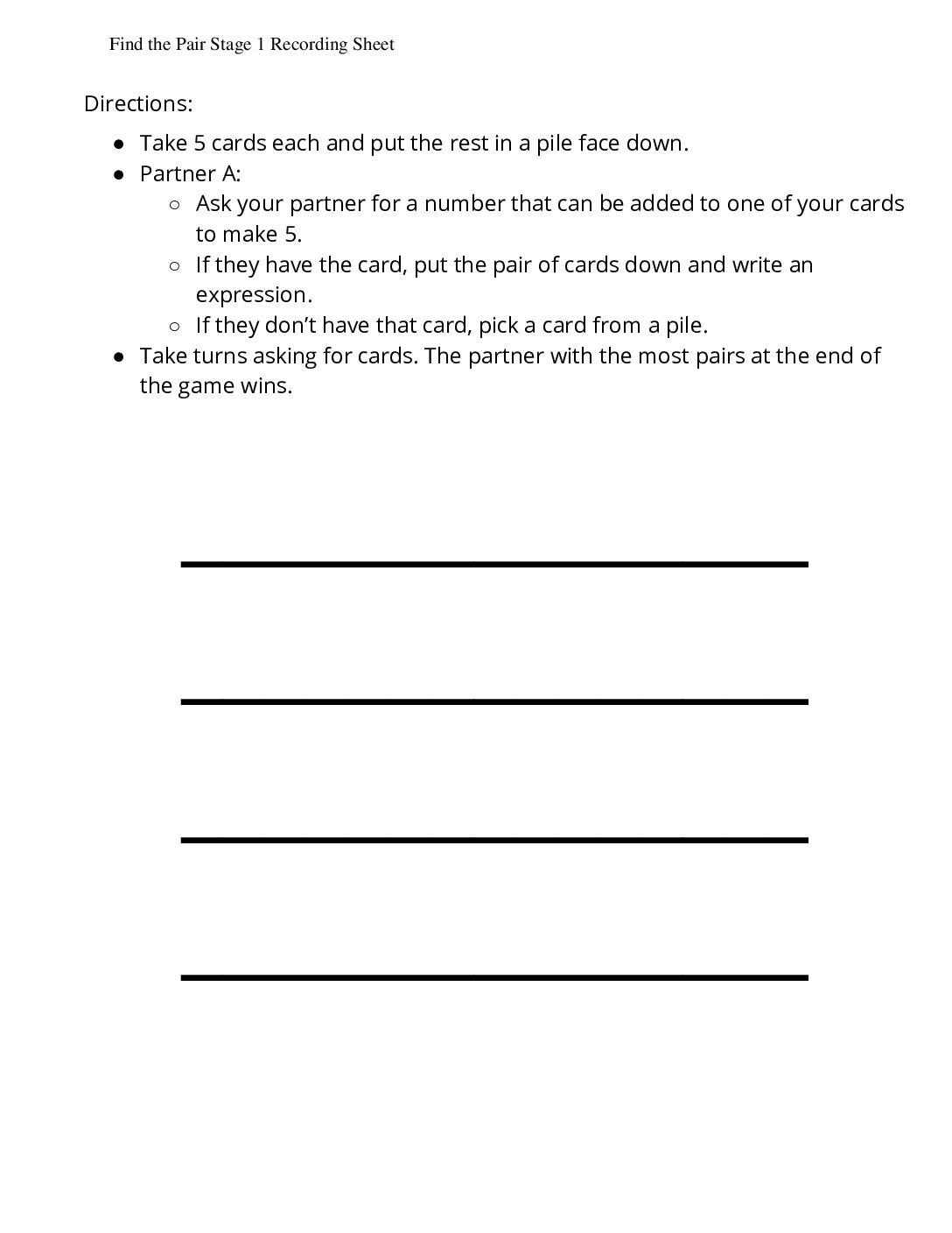 Kindergarten.6.A3.3 İntroduce Find The Pair Make 5 Find The Pair Stage 1 Recording Sheet