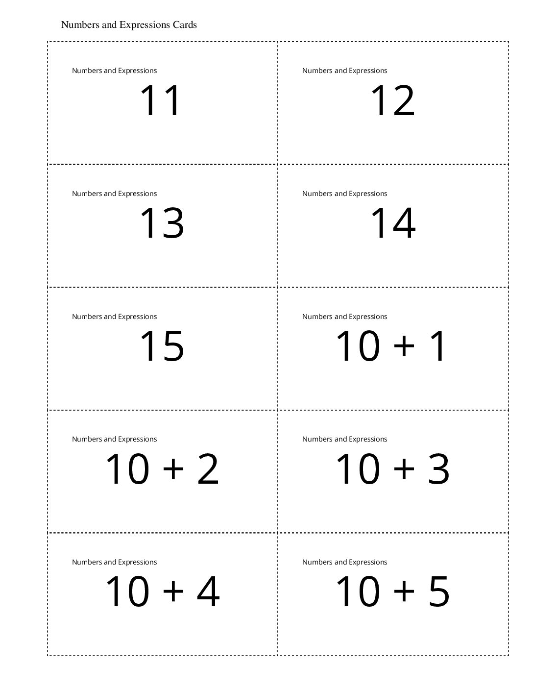 Kindergarten.6.B9.1 Organize Expressions And Numbers Numbers And Expressions Cards