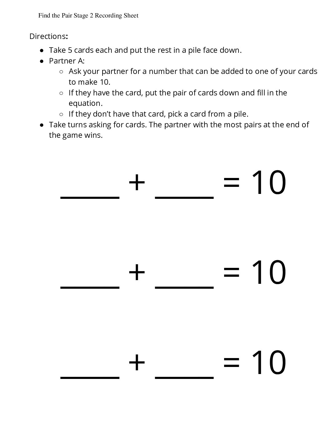 Kindergarten.6.C12.3 İntroduce Find The Pair Make 10 Find The Pair Stage 2 Recording Sheet