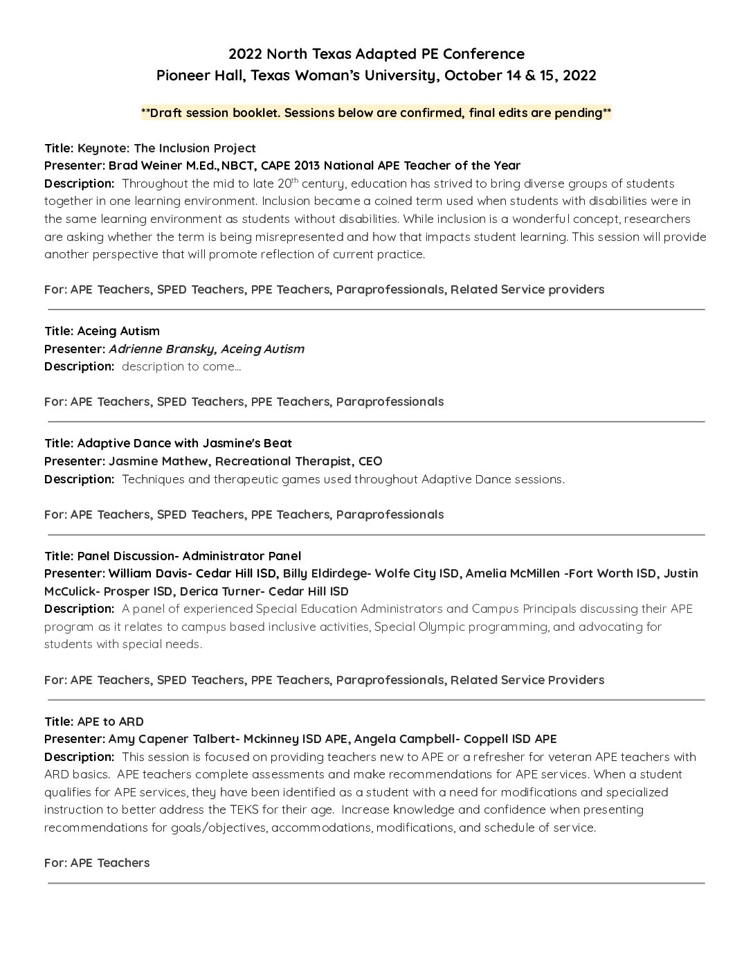 2022 North Texas Ape Conference Sessions Abstracts 9 16 22