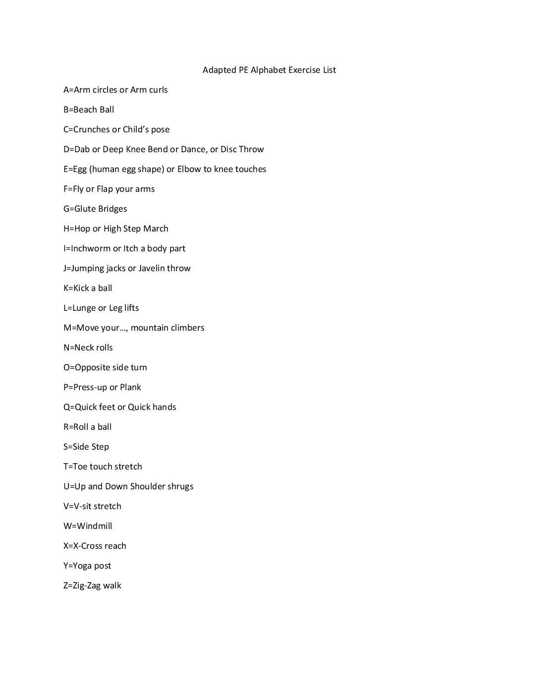 Adapted Pe Alphabet Exercise List