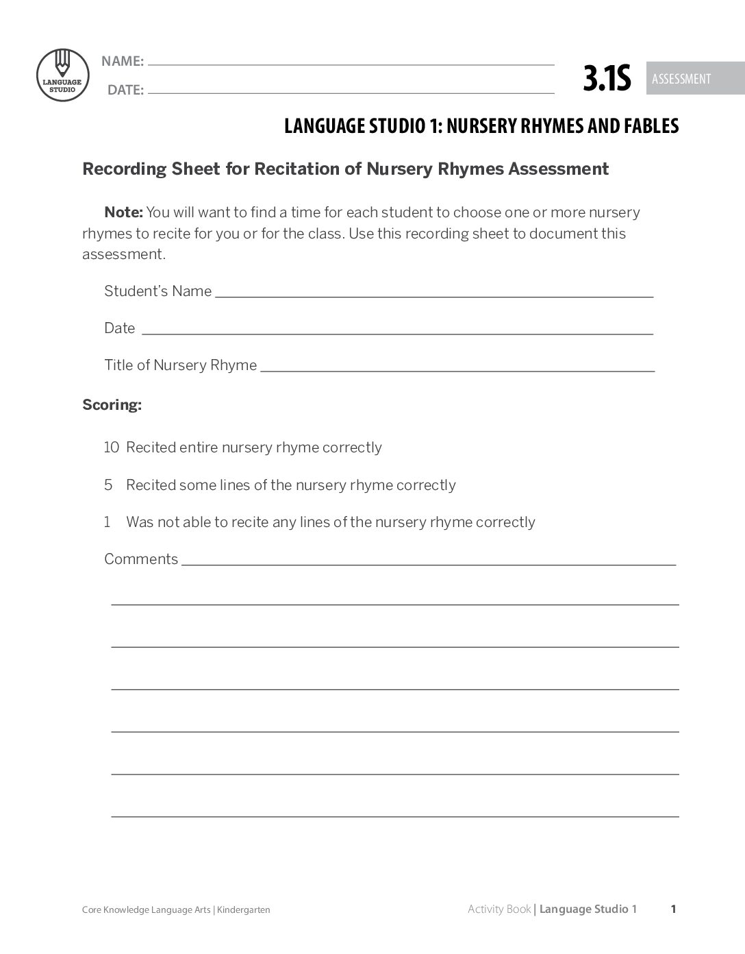Assessment 3 1S Recording Sheet For Recitation Of Nursery Rhymes Assessment