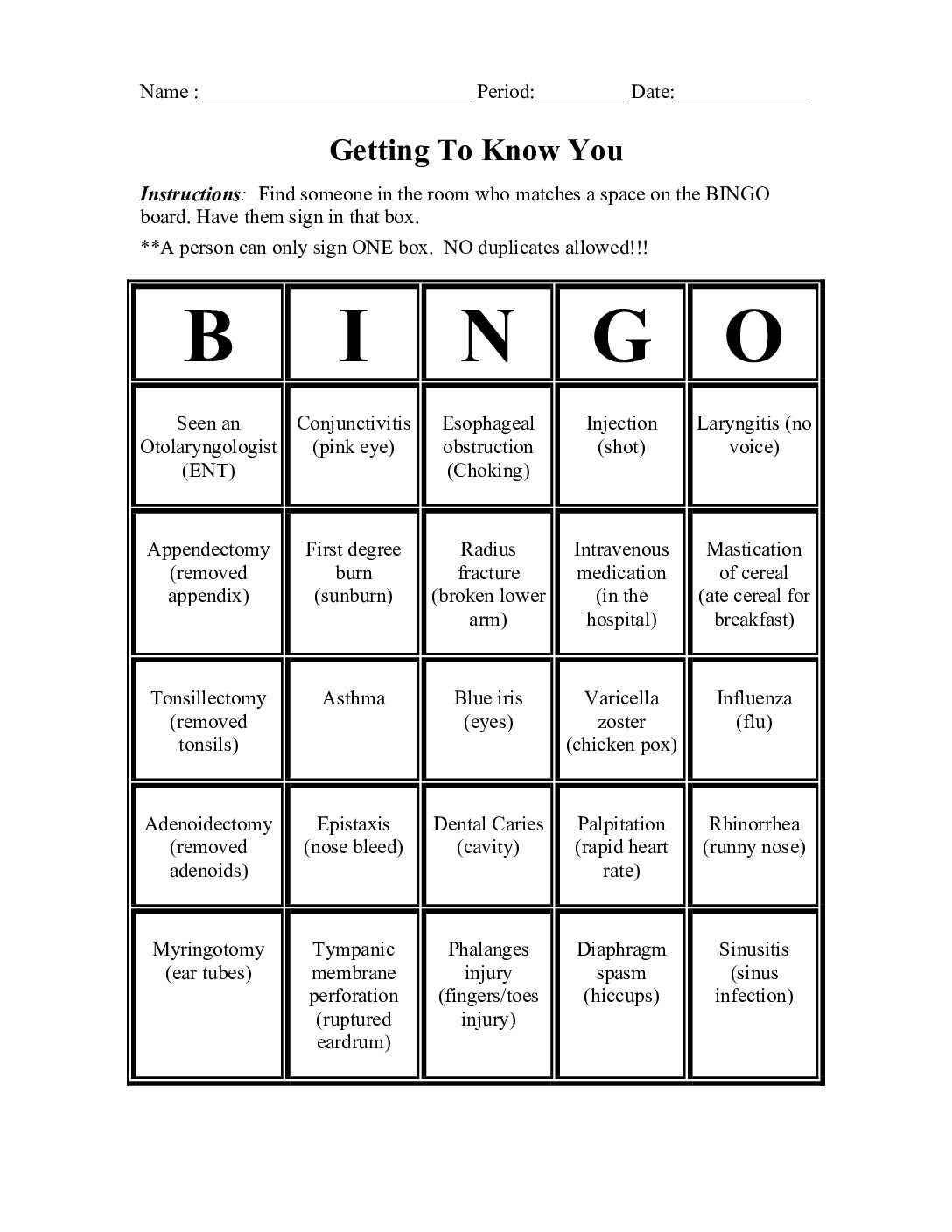Bingo Med Term Ice Breaker