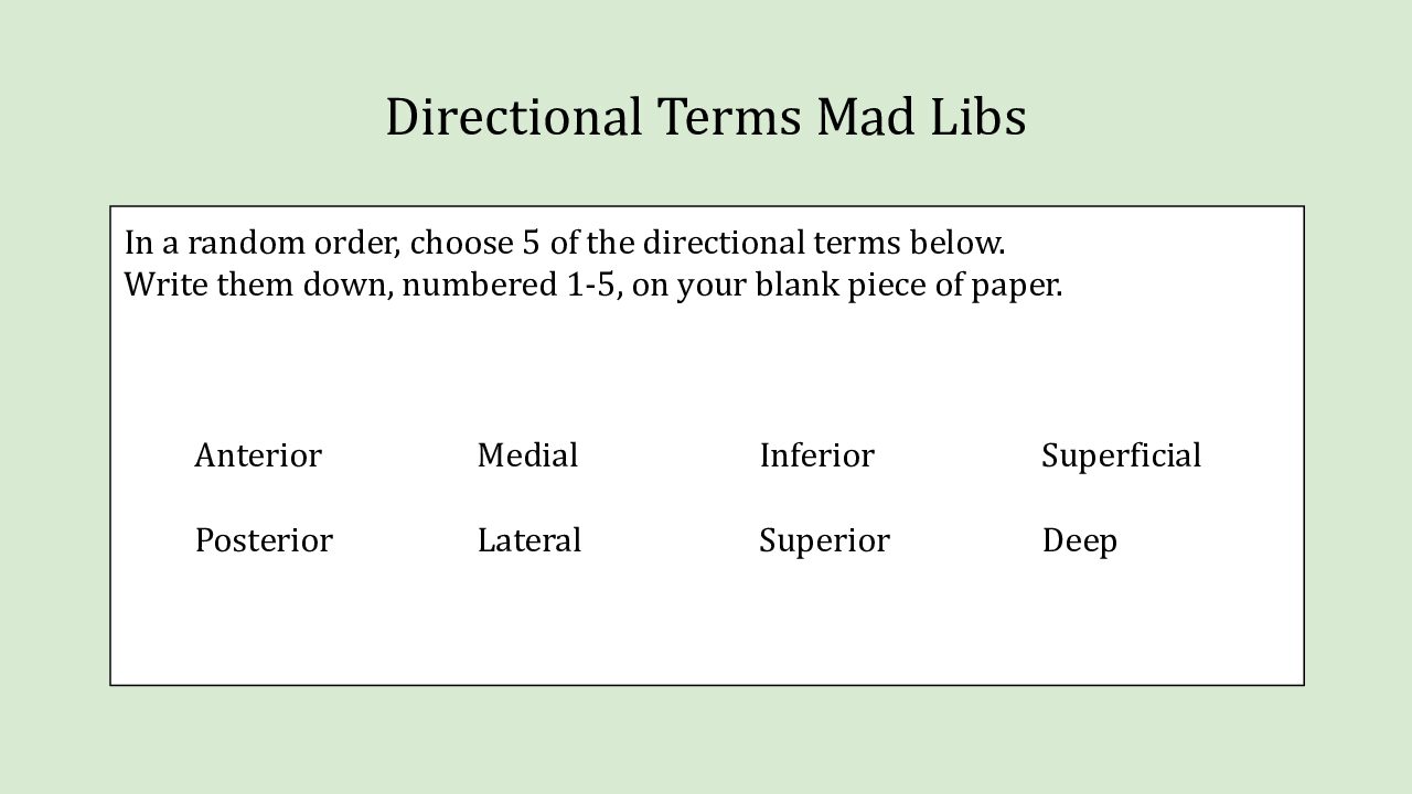 Directional Terms Mad Libs
