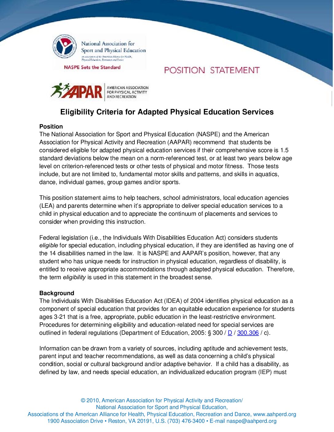 Eligibility Criteria For Adapted Pe Naspe