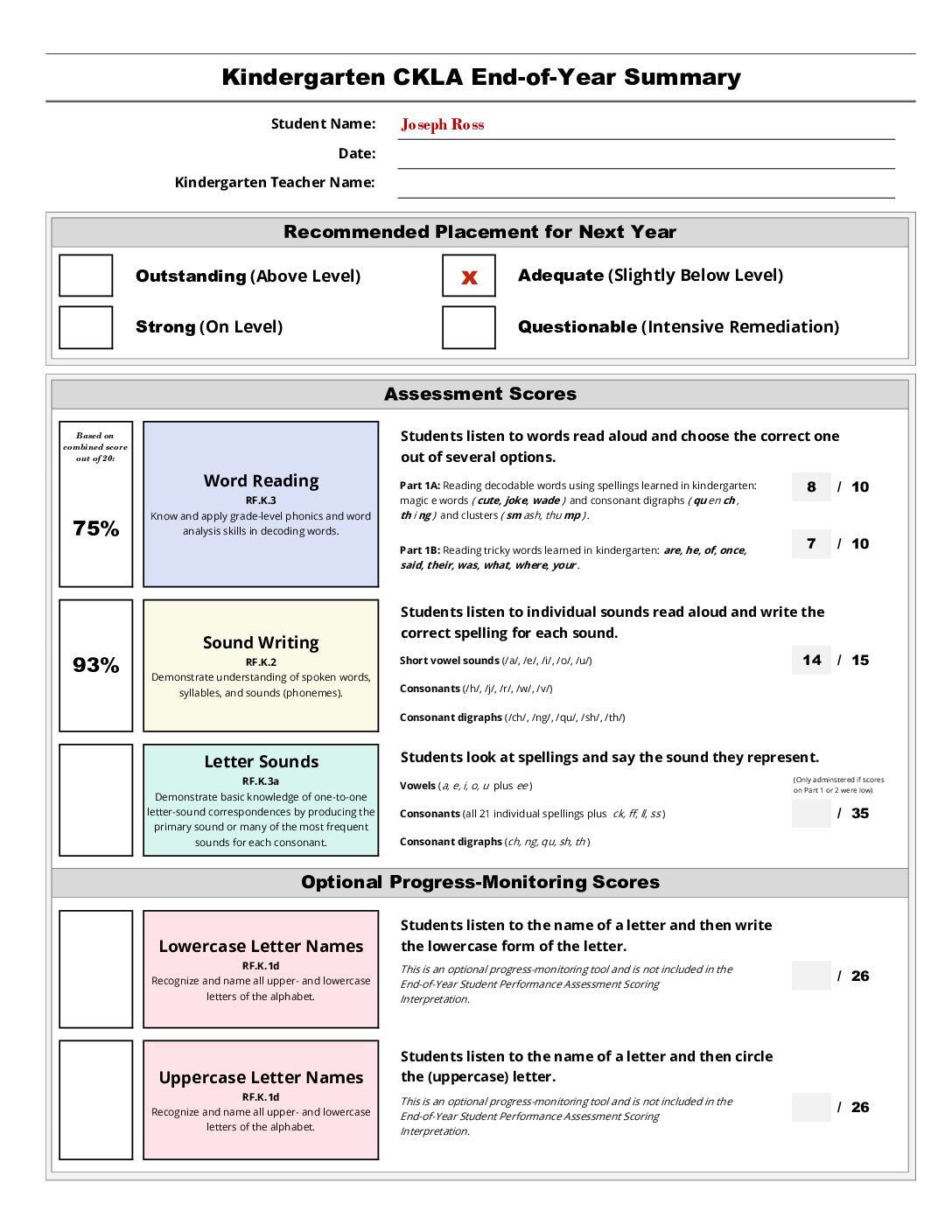 Gk U10 Student Summary Sample