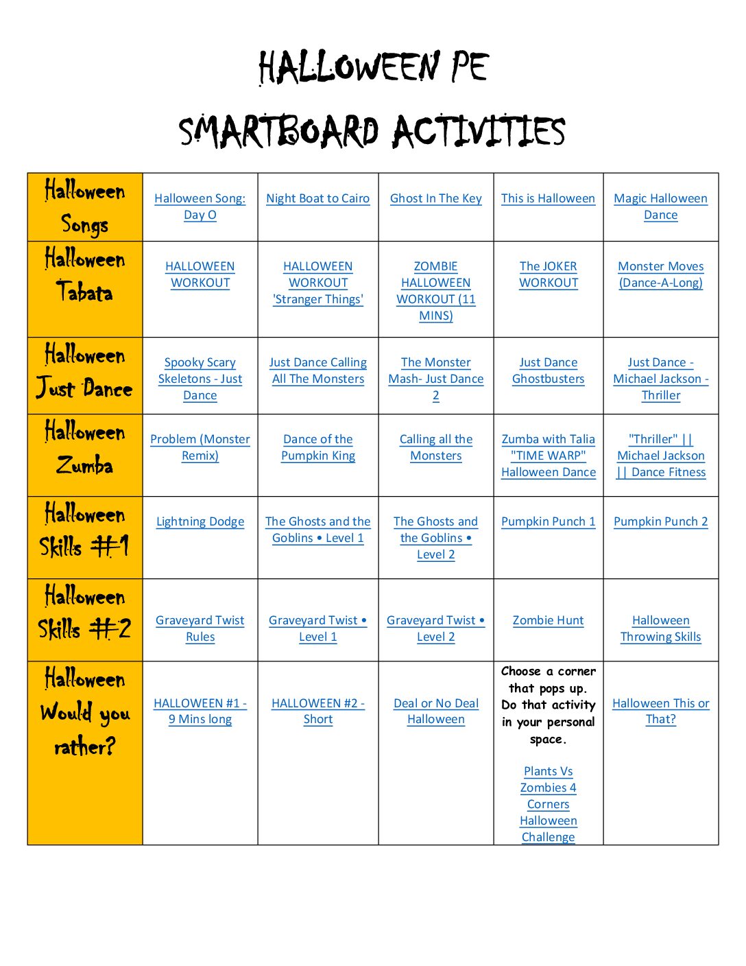 Halloween Pe Virtual And Smartboard Activities