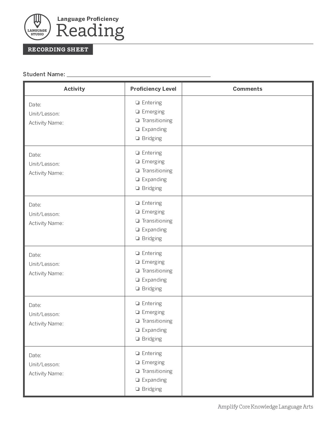 Language Proficiency Recording Sheet Reading