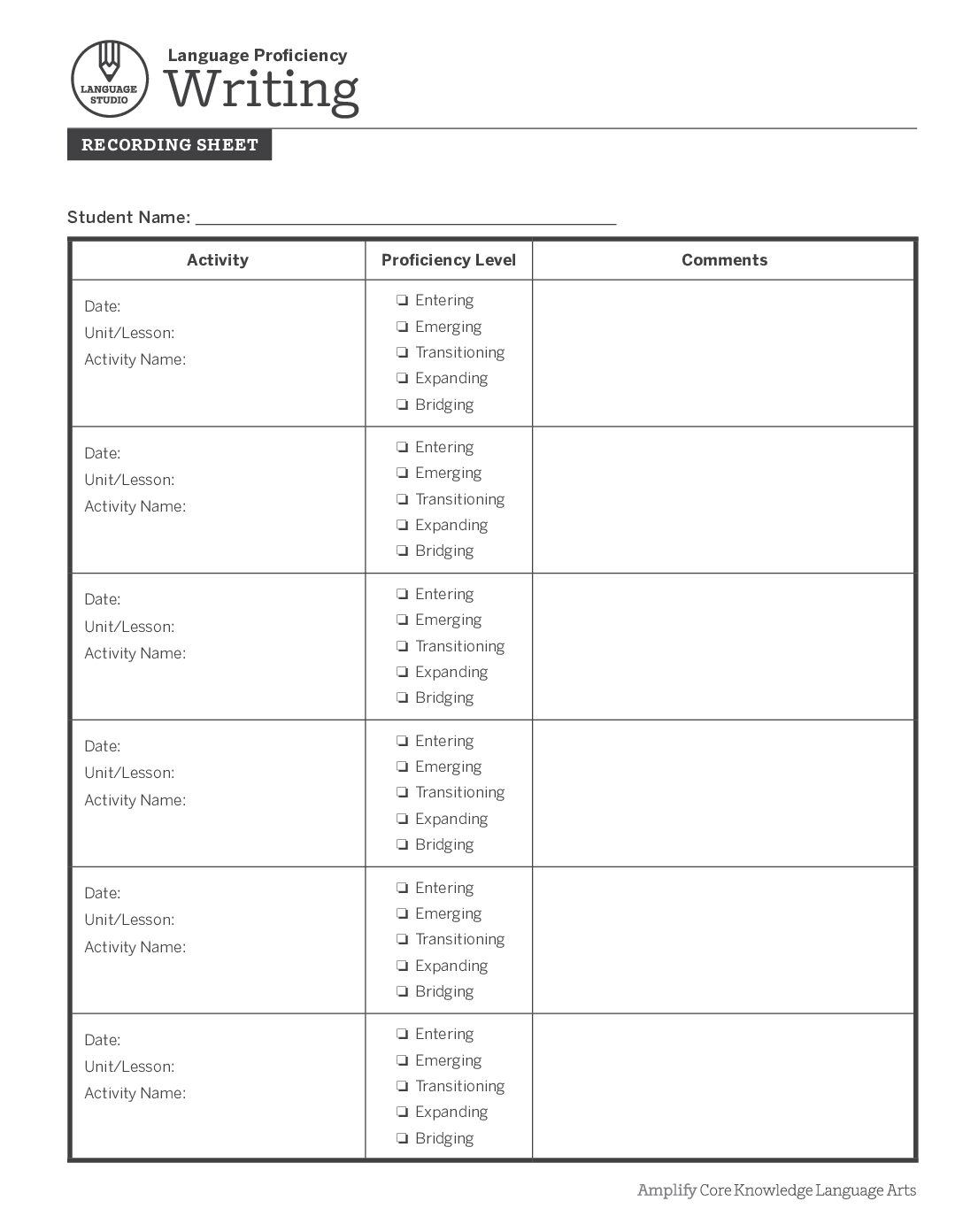 Language Proficiency Recording Sheet Writing