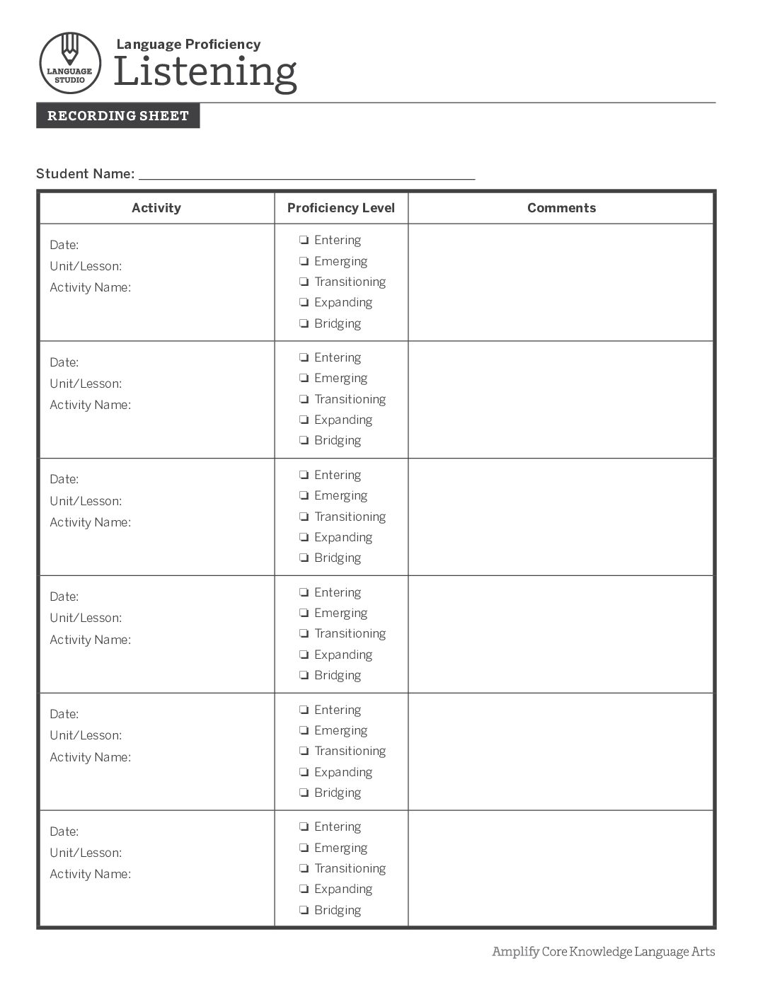 Language Proficiency Recording Sheets