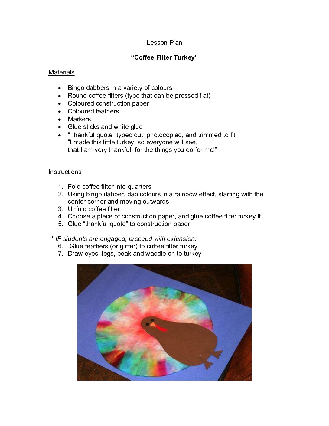 Lesson Plan Coffee Filter Turkey