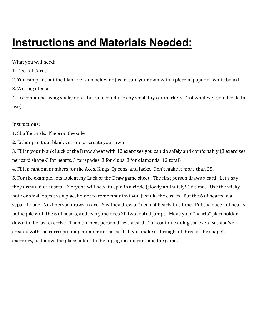 Luck Of The Draw Example, İnstructions, And Materials