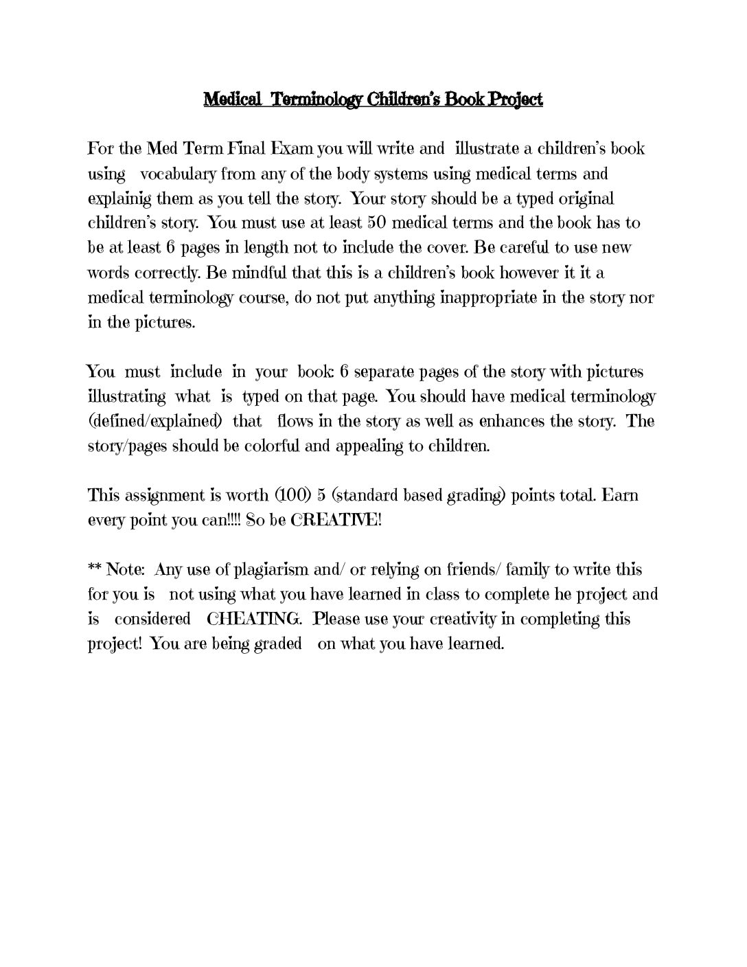 Med Term Children’s Book Exam Project Outline