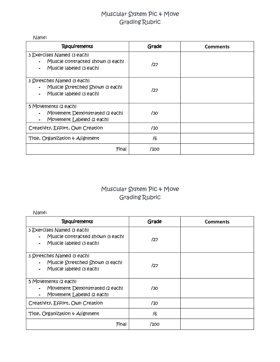 Muscular System Movement Project Grading Rubric