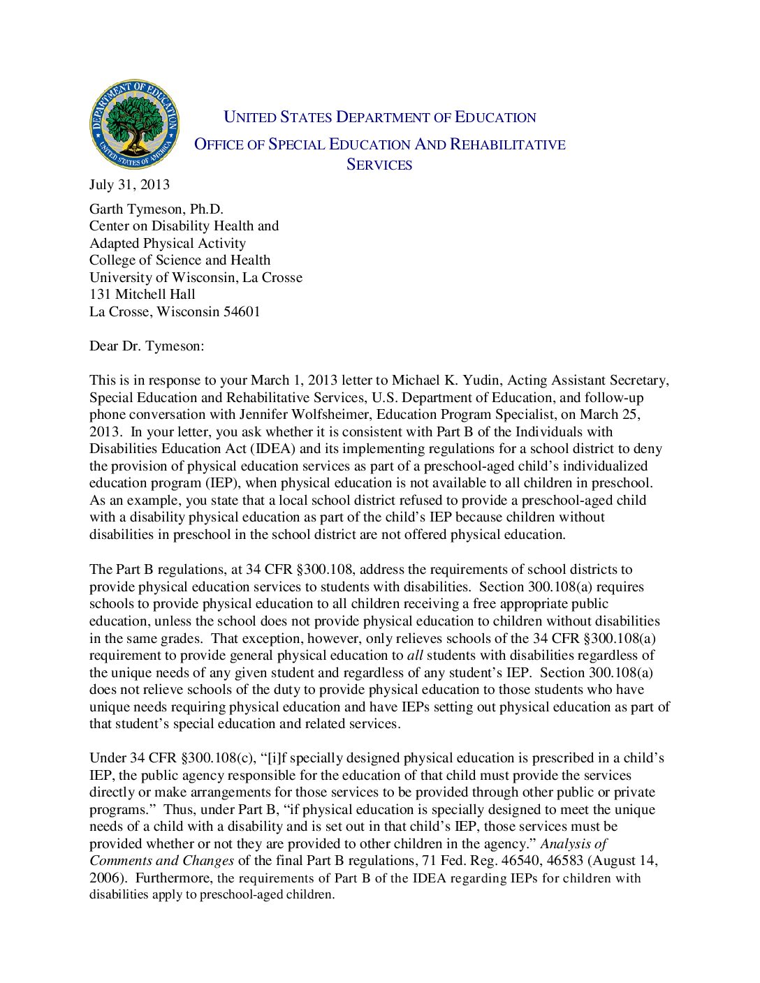 Osep Policy Letter To G Tymeson 2013 Ape For 3 5 Yr Olds