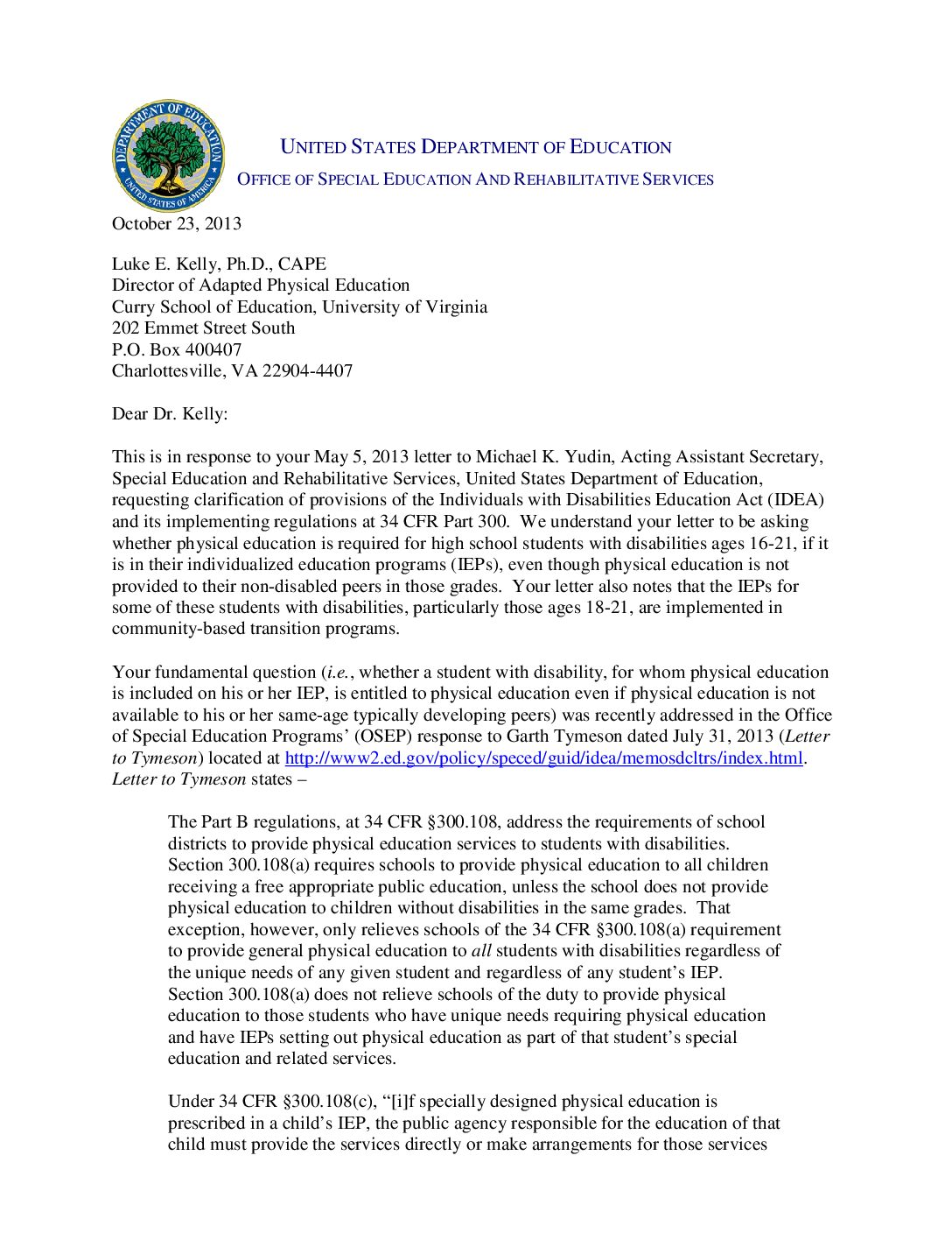 Osep Policy Letter To L Kelly 2013 Ape For 16 21 Yr Olds