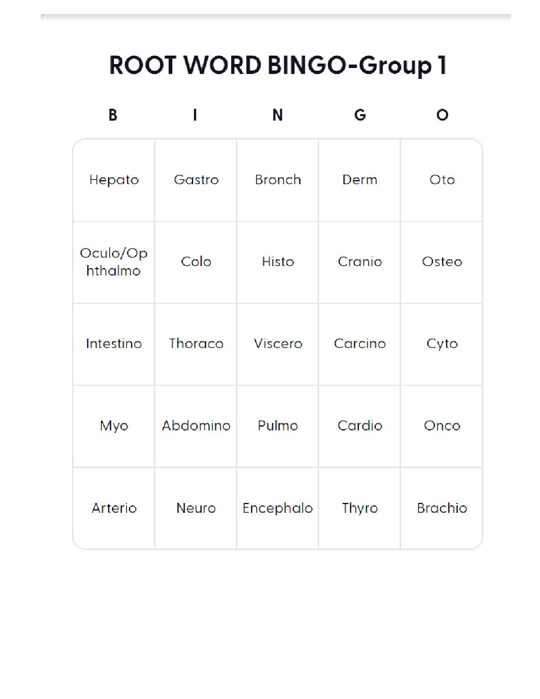 Root Word Bingo Group