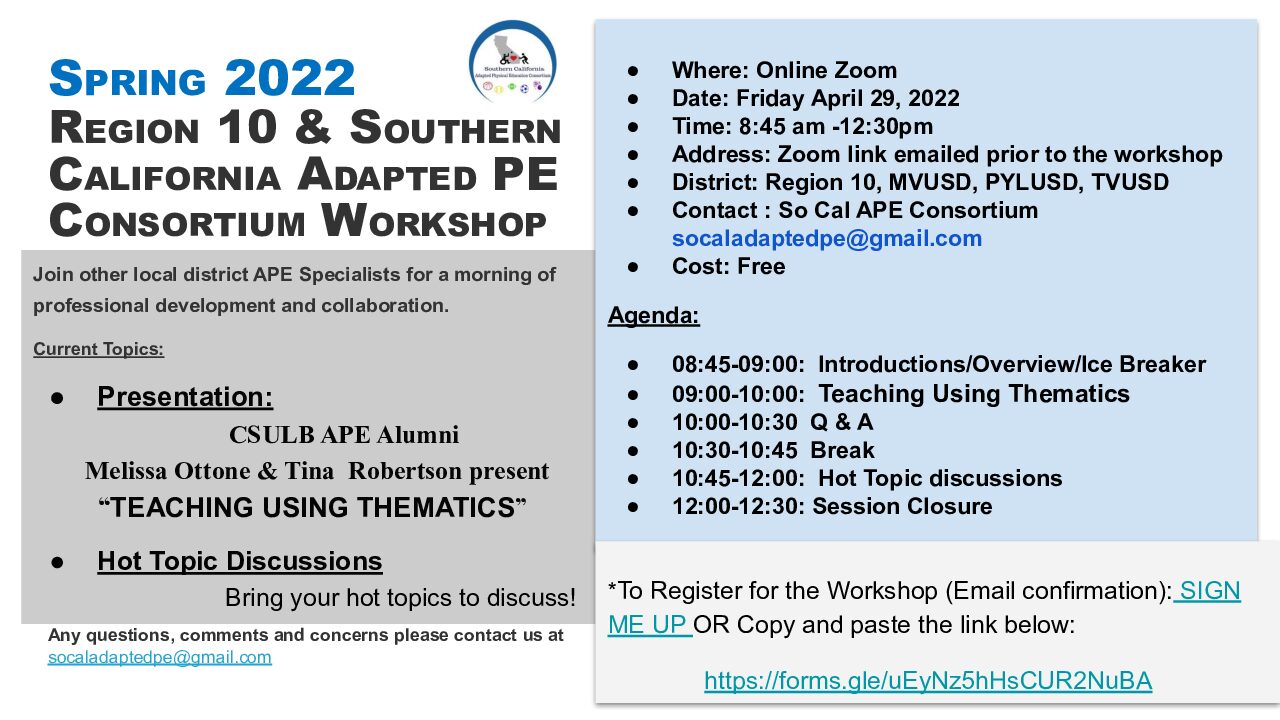Spring 2022 Southern California Adapted Pe Consortium Workshop Flyer