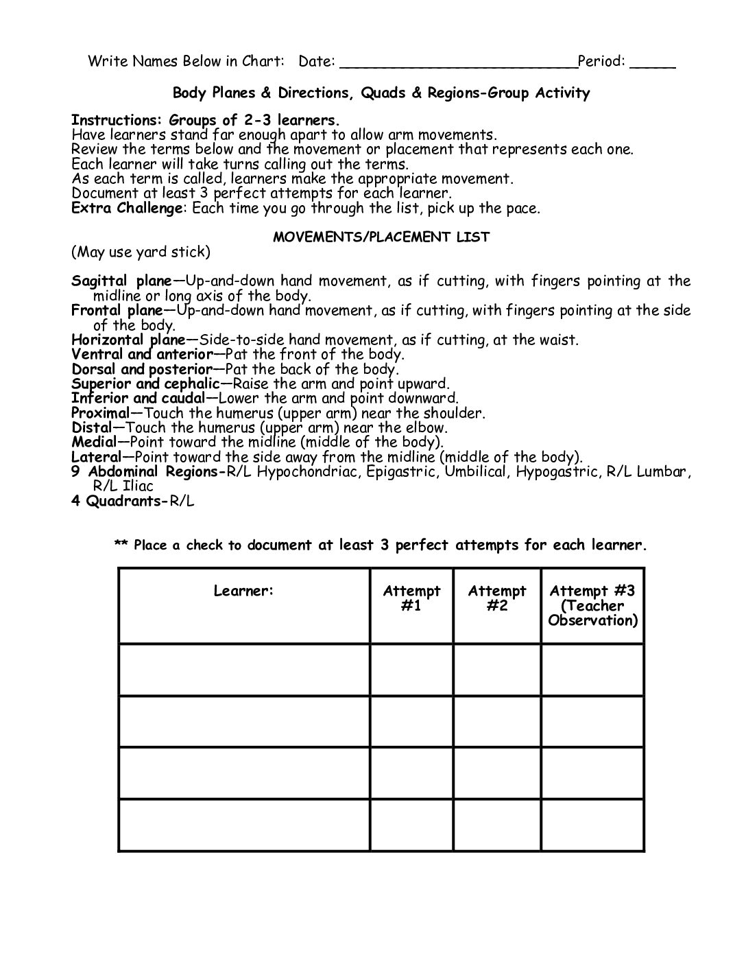 Week Body Planes Directions Group Activity